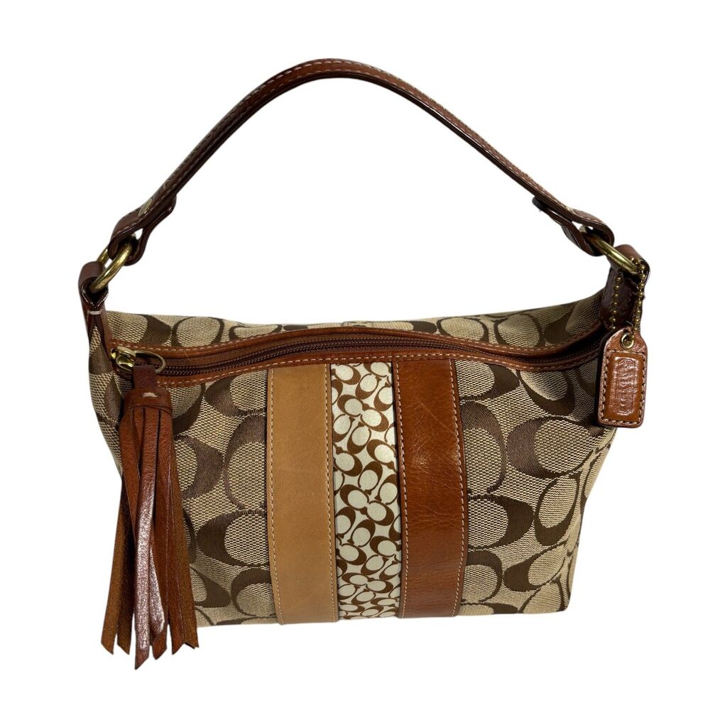 Vintage COACH Authentic Signature C Brown Hobo Bag Stripe w/Tassel & Zip Closure